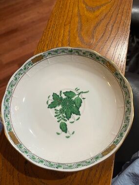 Herend White Porcelain Bowl with Green Floral Motif and Gold Accents